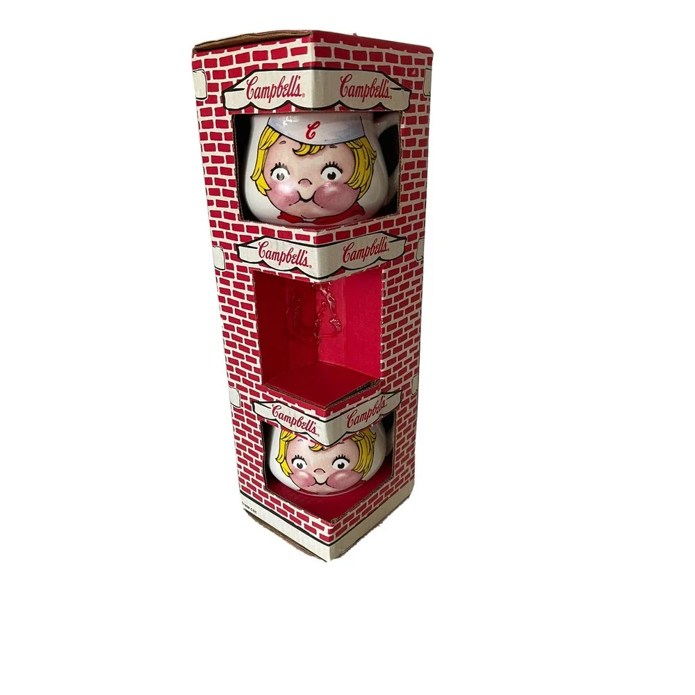 Set of 2 Campbells Soup Mugs Pair Kid Collectible Cup Bowl Face 1998 Vintage NEW